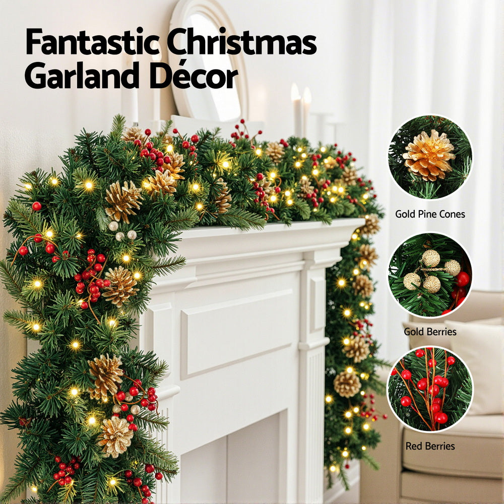 1.8M Pre-Lit Christmas Garland – LED with Pine Cones, Berries & Baubles