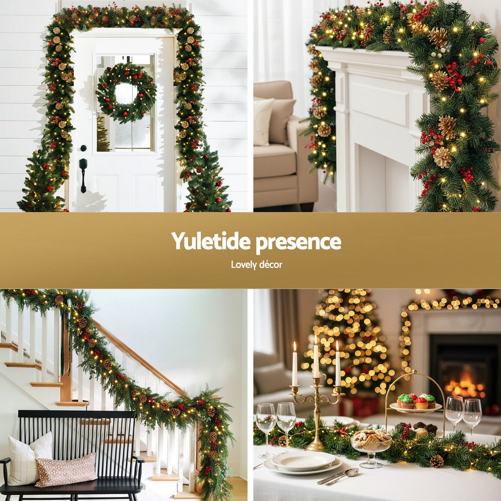 1.8M Pre-Lit Christmas Garland – LED with Pine Cones, Berries & Baubles