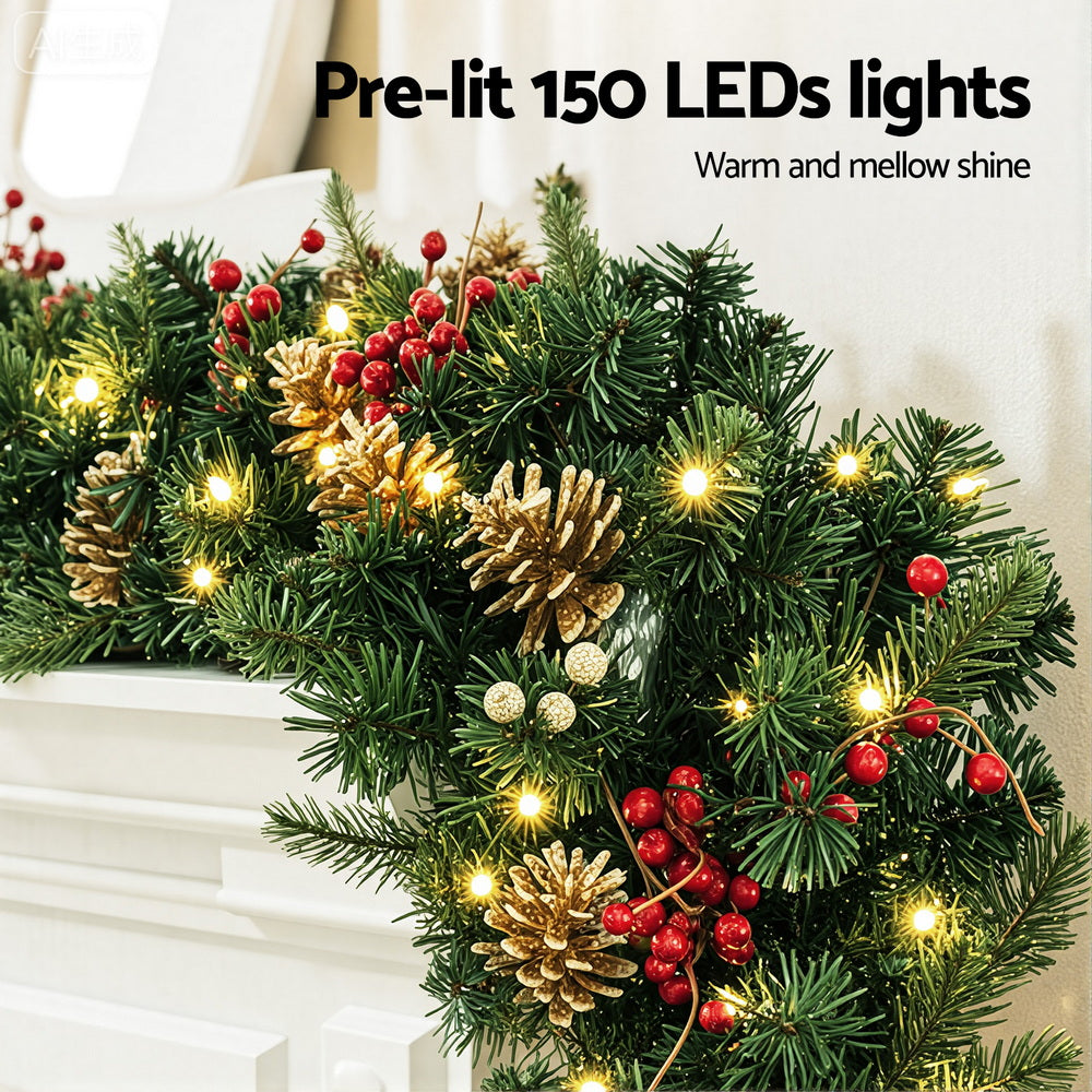 1.8M Pre-Lit Christmas Garland – LED with Pine Cones, Berries & Baubles