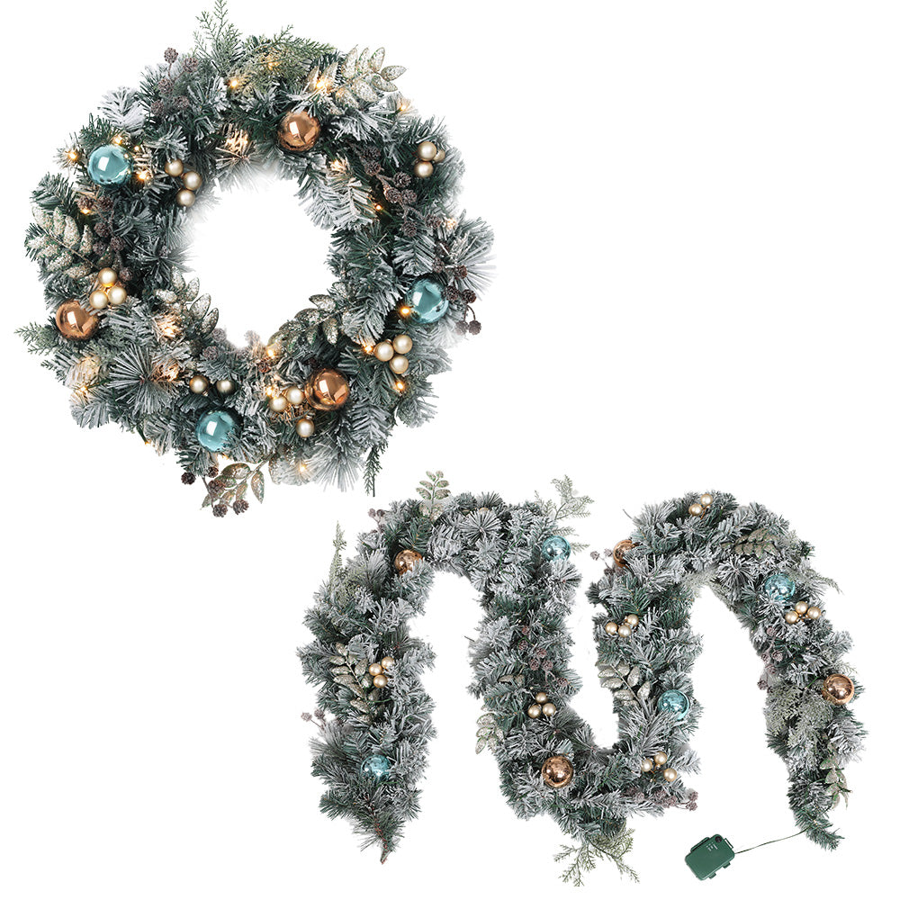 2.7M Pre-lit Snow-Frosted Garland & 60CM Wreath Set - Decorated with Pine Cones & Baubles