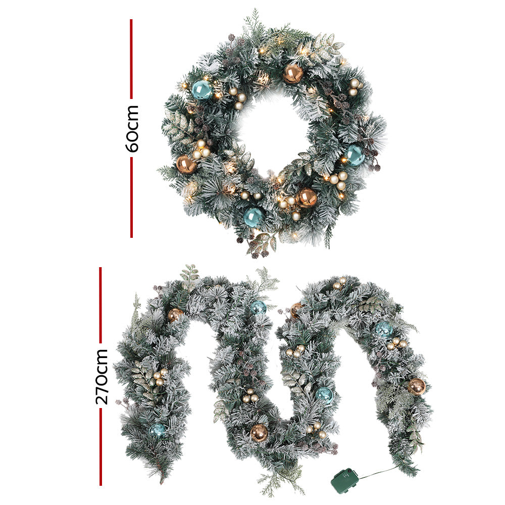 2.7M Pre-lit Snow-Frosted Garland & 60CM Wreath Set - Decorated with Pine Cones & Baubles