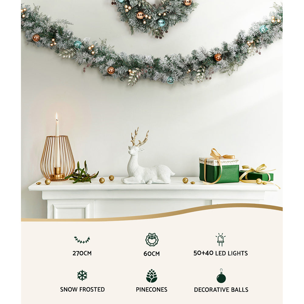 2.7M Pre-lit Snow-Frosted Garland & 60CM Wreath Set - Decorated with Pine Cones & Baubles