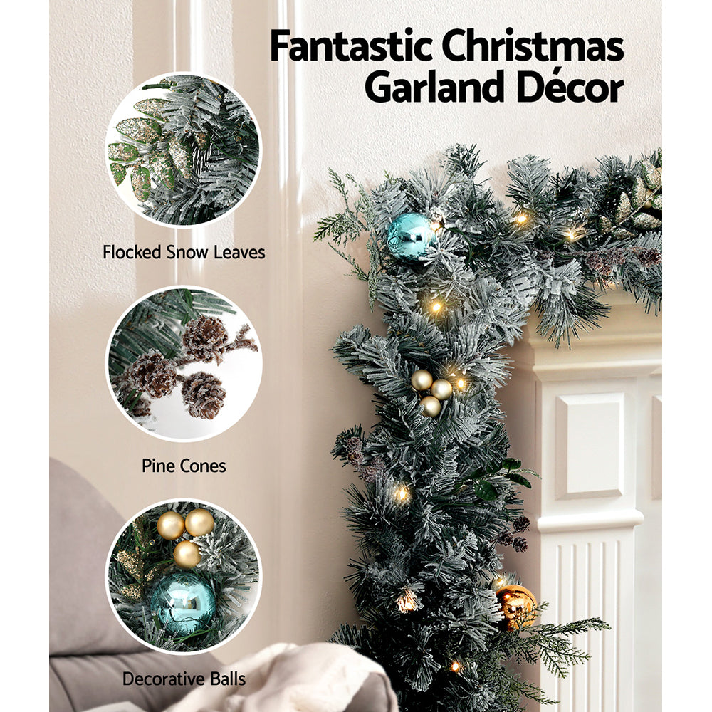 2.7M Pre-lit Snow-Frosted Garland & 60CM Wreath Set - Decorated with Pine Cones & Baubles