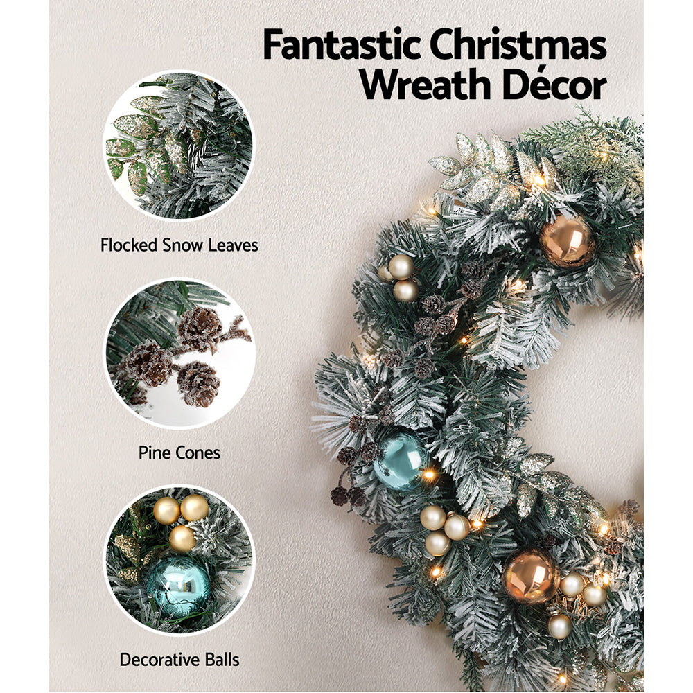 2.7M Pre-lit Snow-Frosted Garland & 60CM Wreath Set - Decorated with Pine Cones & Baubles