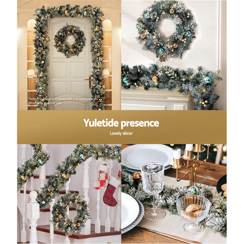 2.7M Pre-lit Snow-Frosted Garland & 60CM Wreath Set - Decorated with Pine Cones & Baubles
