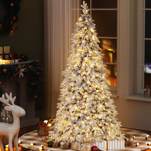 7FT Snow-Flocked Pencil Christmas Tree – 860 Tips, 350 Warm White LED Lights