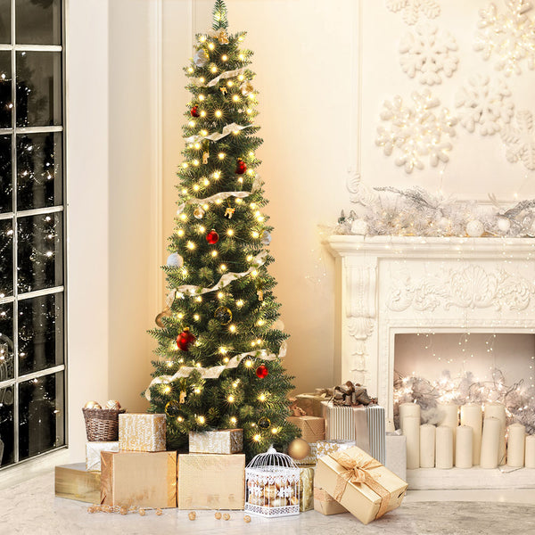 6FT Slim Green Christmas Tree – 300 Tips, 200 Warm White LED Lights