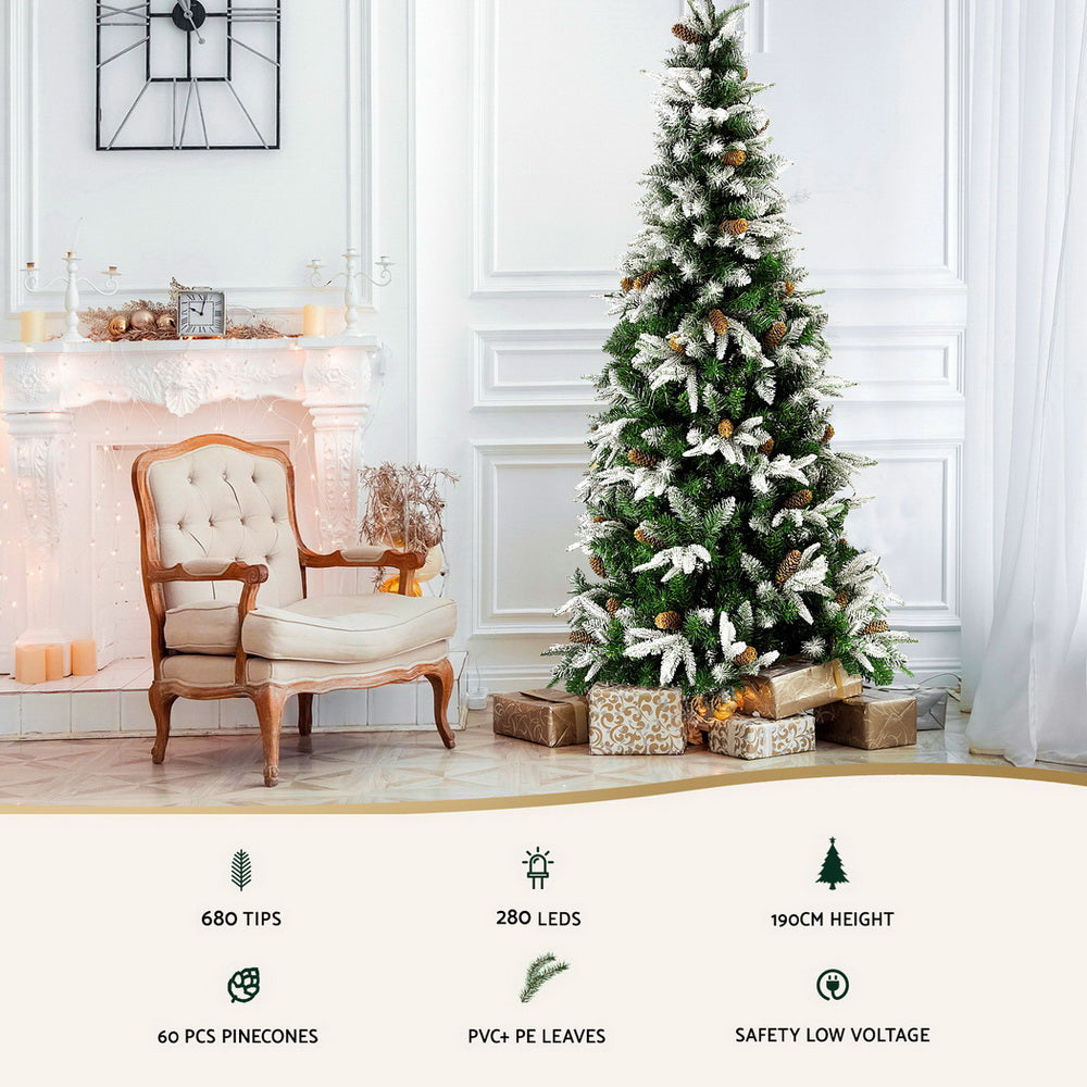 6FT Snow-Flocked Christmas Tree with Pine Cones & 280 Warm LED Lights