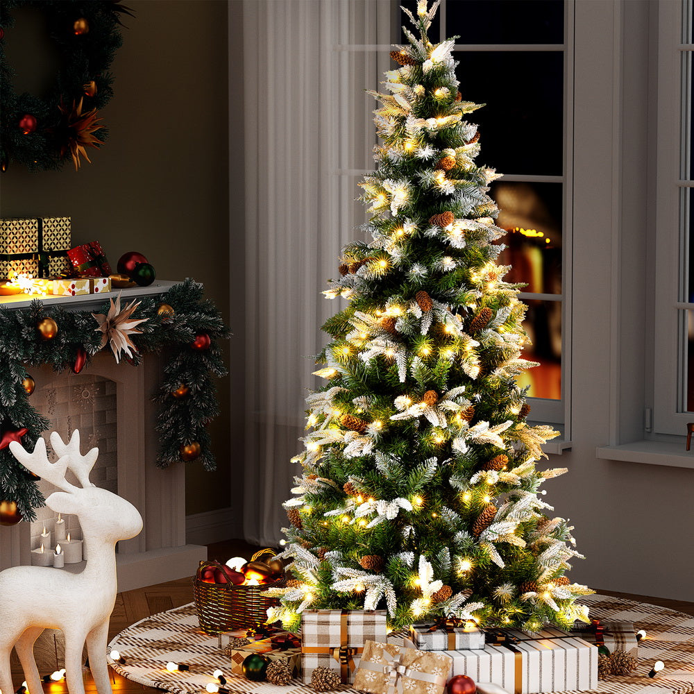6FT Snow-Flocked Christmas Tree with Pine Cones & 280 Warm LED Lights