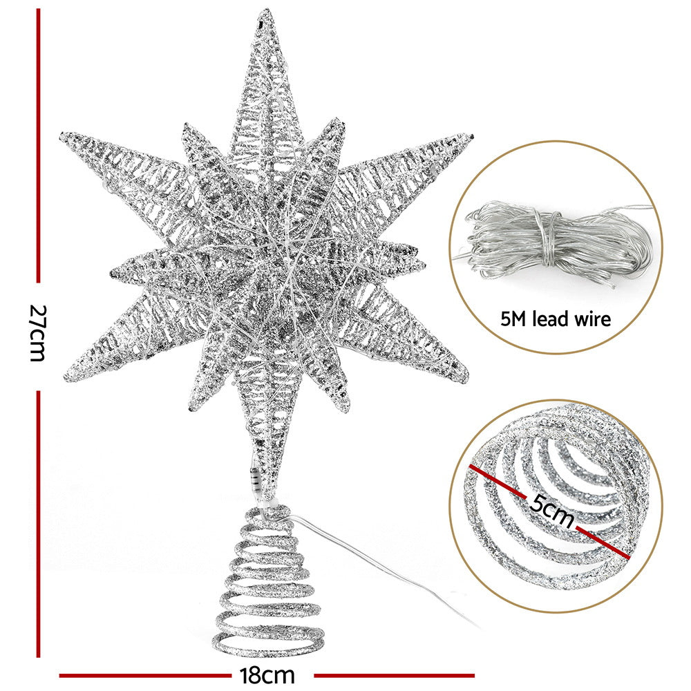 3D Christmas Tree Topper Star – Silver LED Decoration with Timer