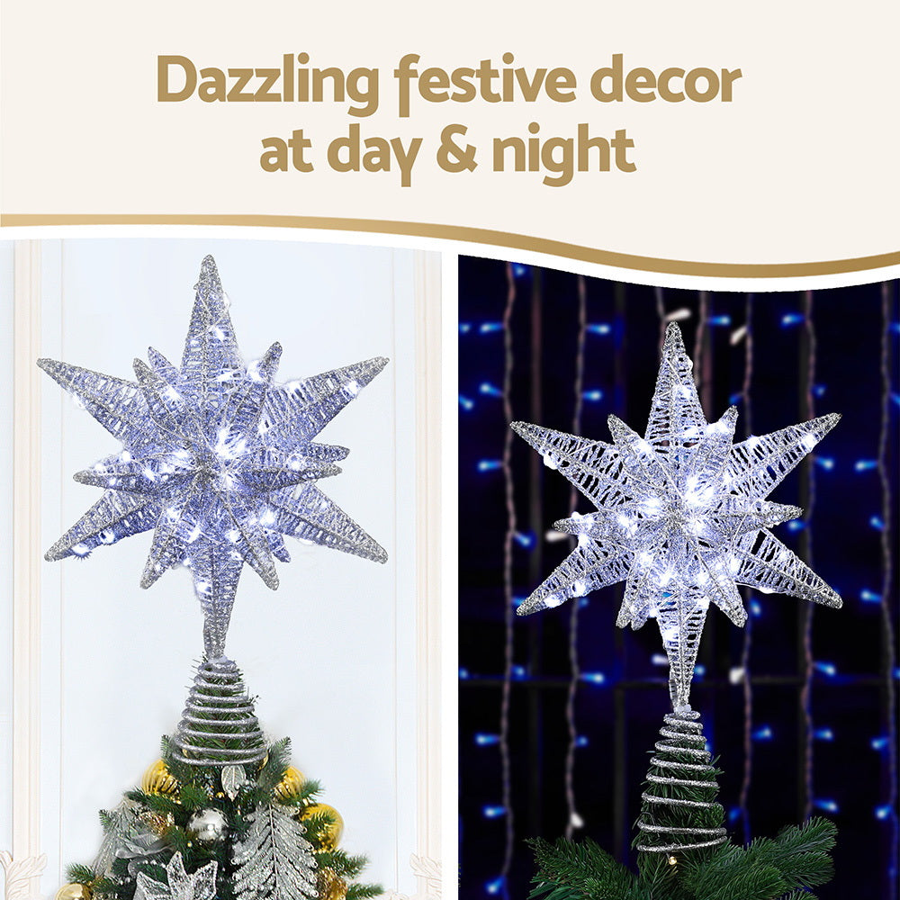 3D Christmas Tree Topper Star – Silver LED Decoration with Timer