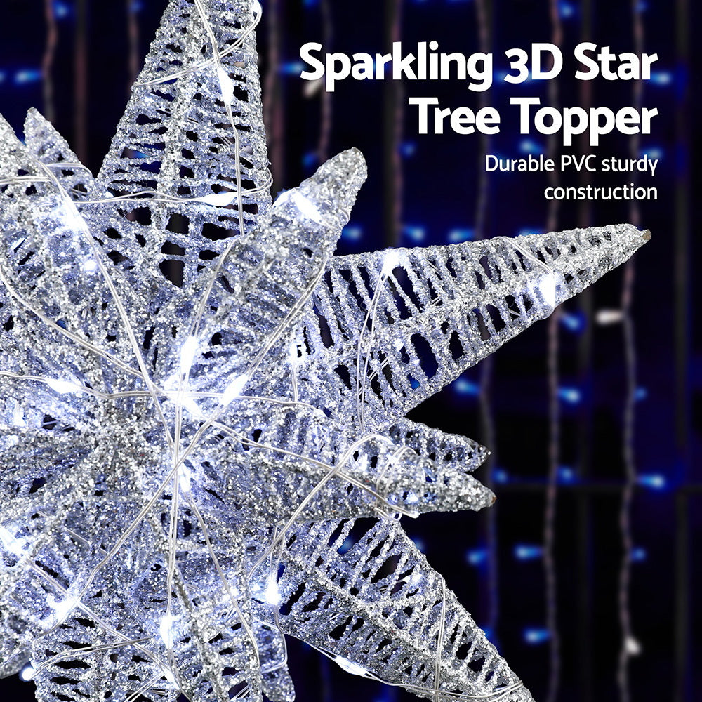 3D Christmas Tree Topper Star – Silver LED Decoration with Timer