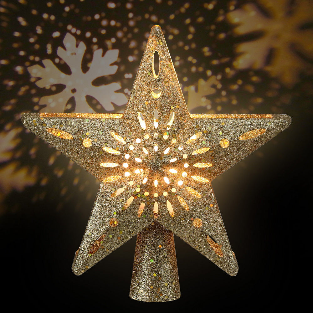 Christmas Tree Topper Star – Gold Glitter with Snowflake Projector