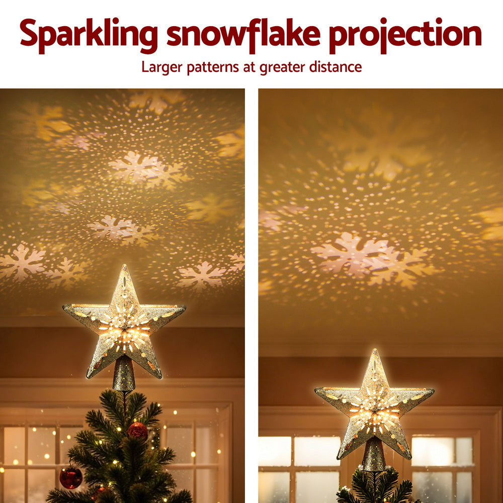 Christmas Tree Topper Star – Gold Glitter with Snowflake Projector