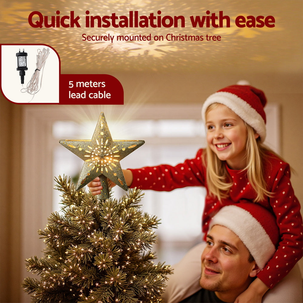 Christmas Tree Topper Star – Gold Glitter with Snowflake Projector
