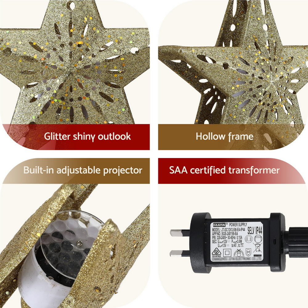 Christmas Tree Topper Star – Gold Glitter with Snowflake Projector