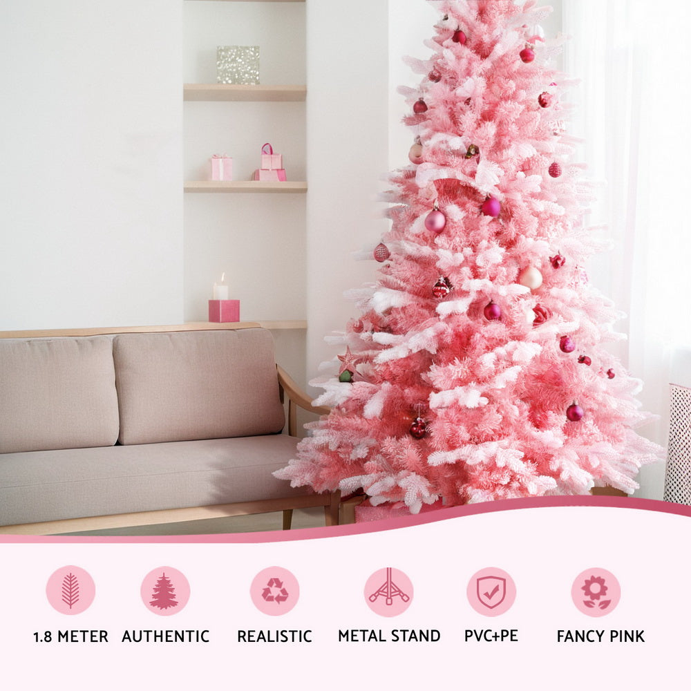 6FT Pink Snow-Flocked Christmas Tree - A Glamorous Full-Shape Artificial Holiday Centrepiece