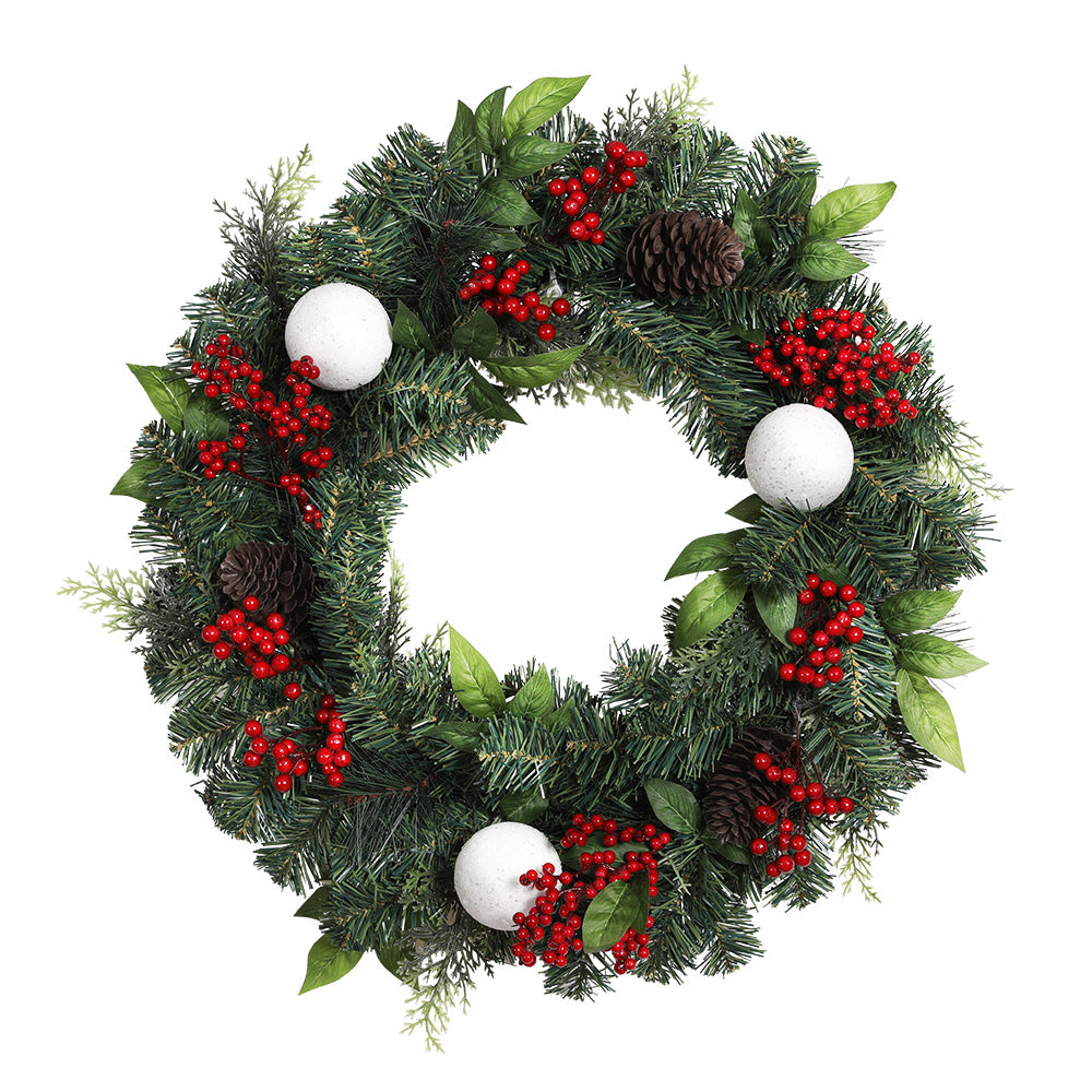 60CM Green Christmas Wreath with Red Berries, Pinecones & Baubles