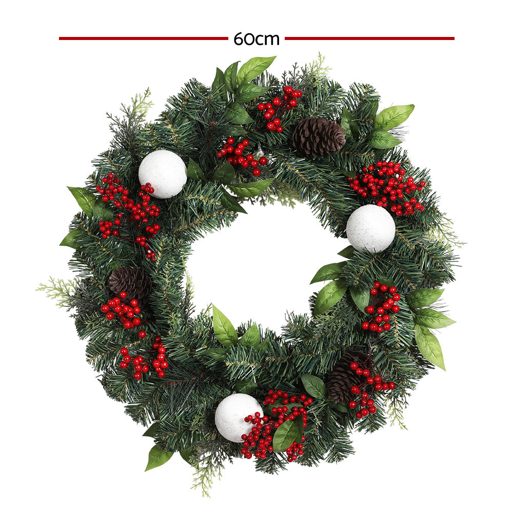60CM Green Christmas Wreath with Red Berries, Pinecones & Baubles