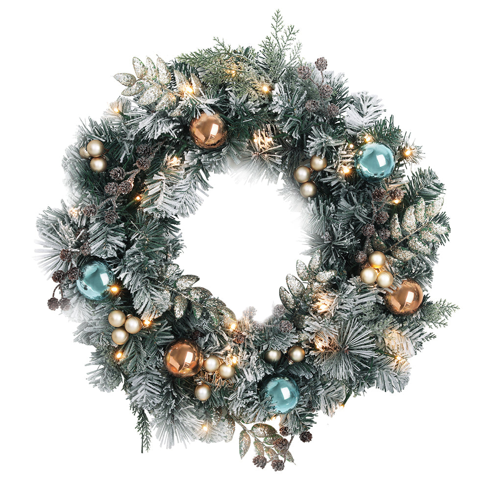 60cm Pre-lit Snow-Frosted Christmas Wreath with Pine Cones & Baubles – Elegant Holiday Decoration