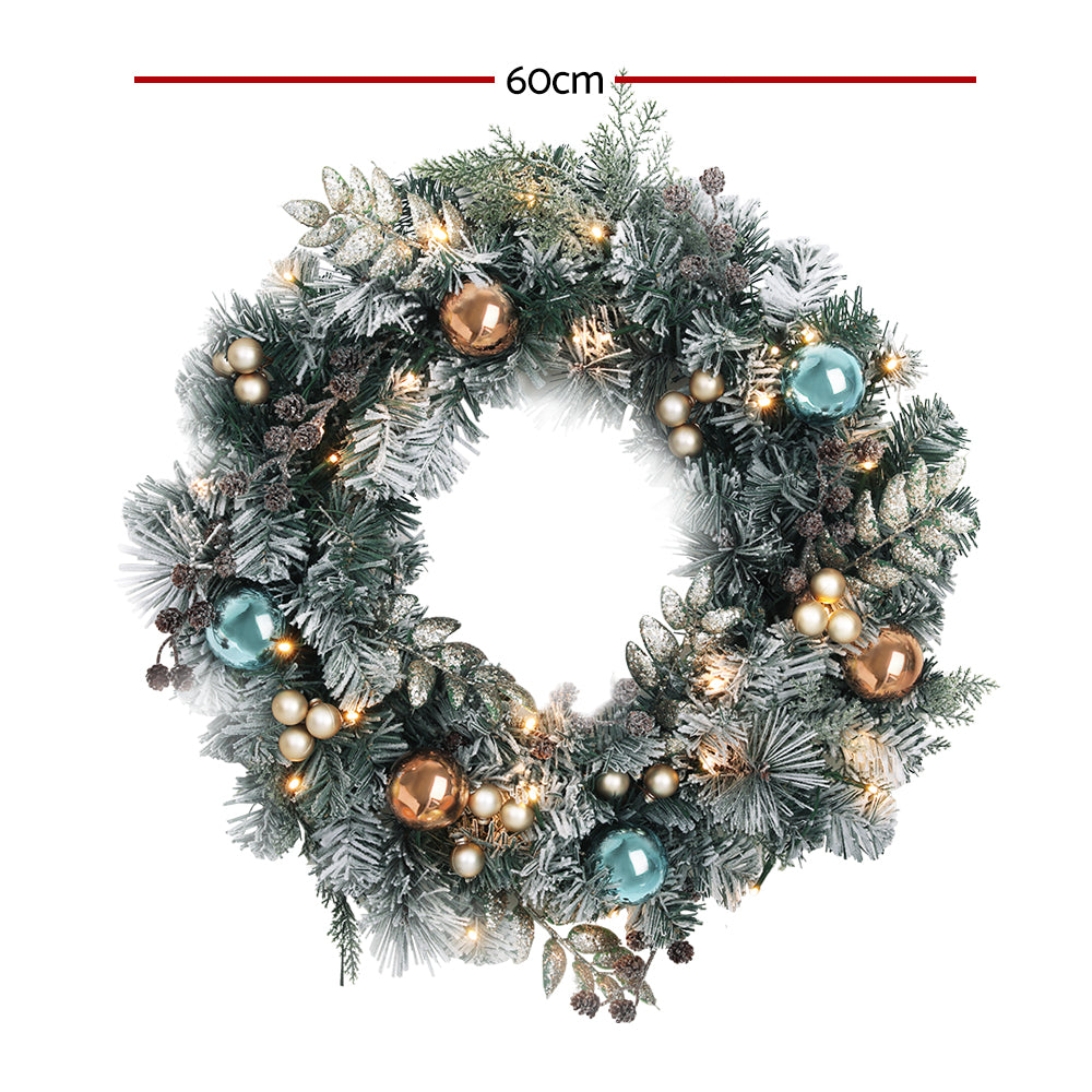 60cm Pre-lit Snow-Frosted Christmas Wreath with Pine Cones & Baubles – Elegant Holiday Decoration