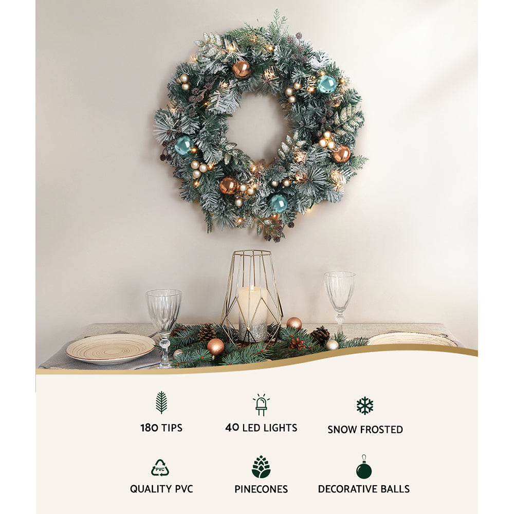 60cm Pre-lit Snow-Frosted Christmas Wreath with Pine Cones & Baubles – Elegant Holiday Decoration