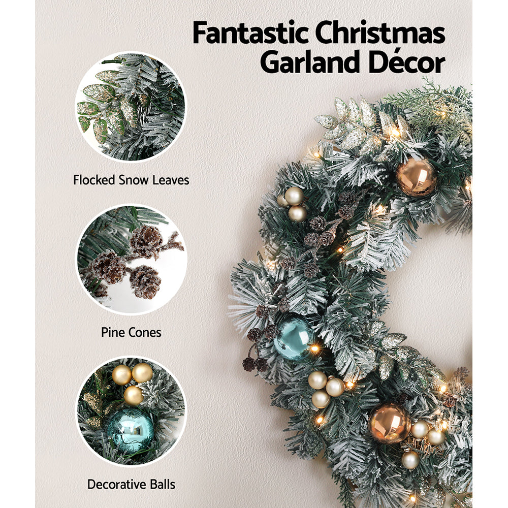 60cm Pre-lit Snow-Frosted Christmas Wreath with Pine Cones & Baubles – Elegant Holiday Decoration