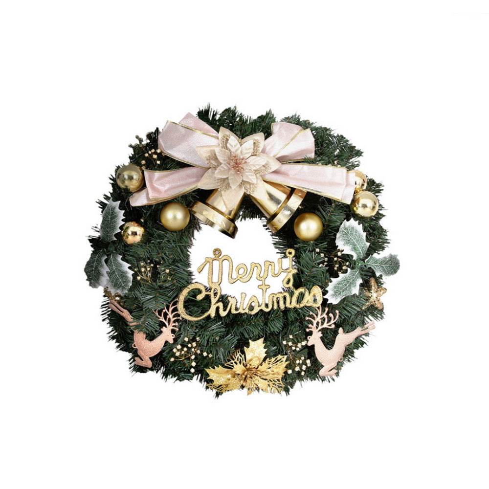 60cm Green Christmas Wreath with Gold Bowtie & Reindeer Ornament – Festive Holiday Decoration