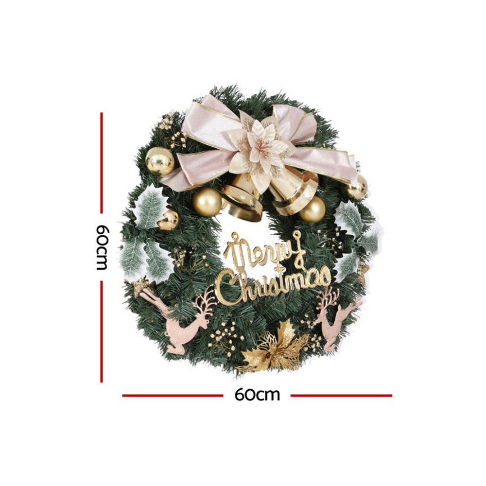 60cm Green Christmas Wreath with Gold Bowtie & Reindeer Ornament – Festive Holiday Decoration