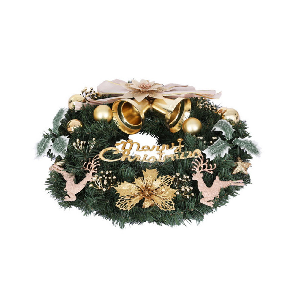 60cm Green Christmas Wreath with Gold Bowtie & Reindeer Ornament – Festive Holiday Decoration