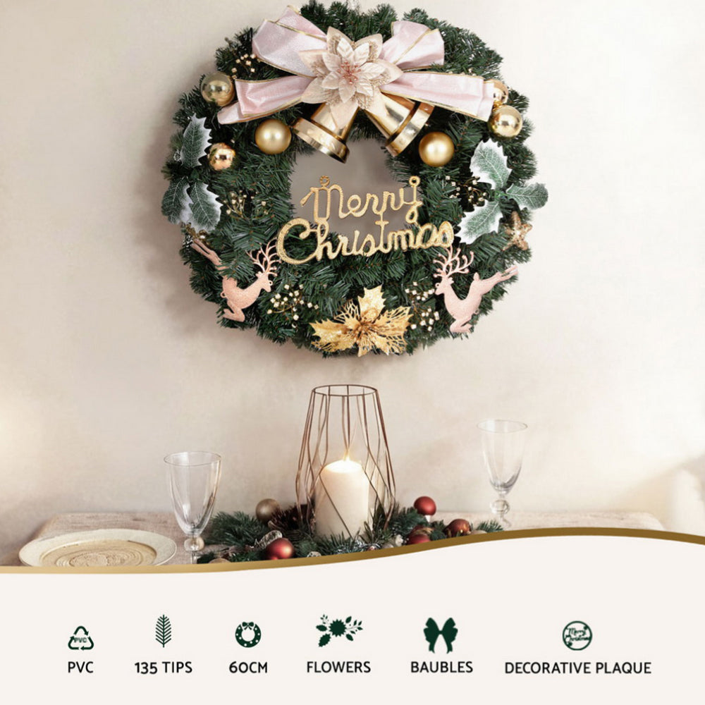 60cm Green Christmas Wreath with Gold Bowtie & Reindeer Ornament – Festive Holiday Decoration