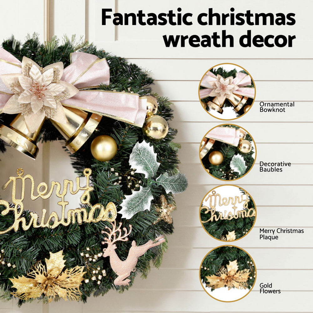 60cm Green Christmas Wreath with Gold Bowtie & Reindeer Ornament – Festive Holiday Decoration
