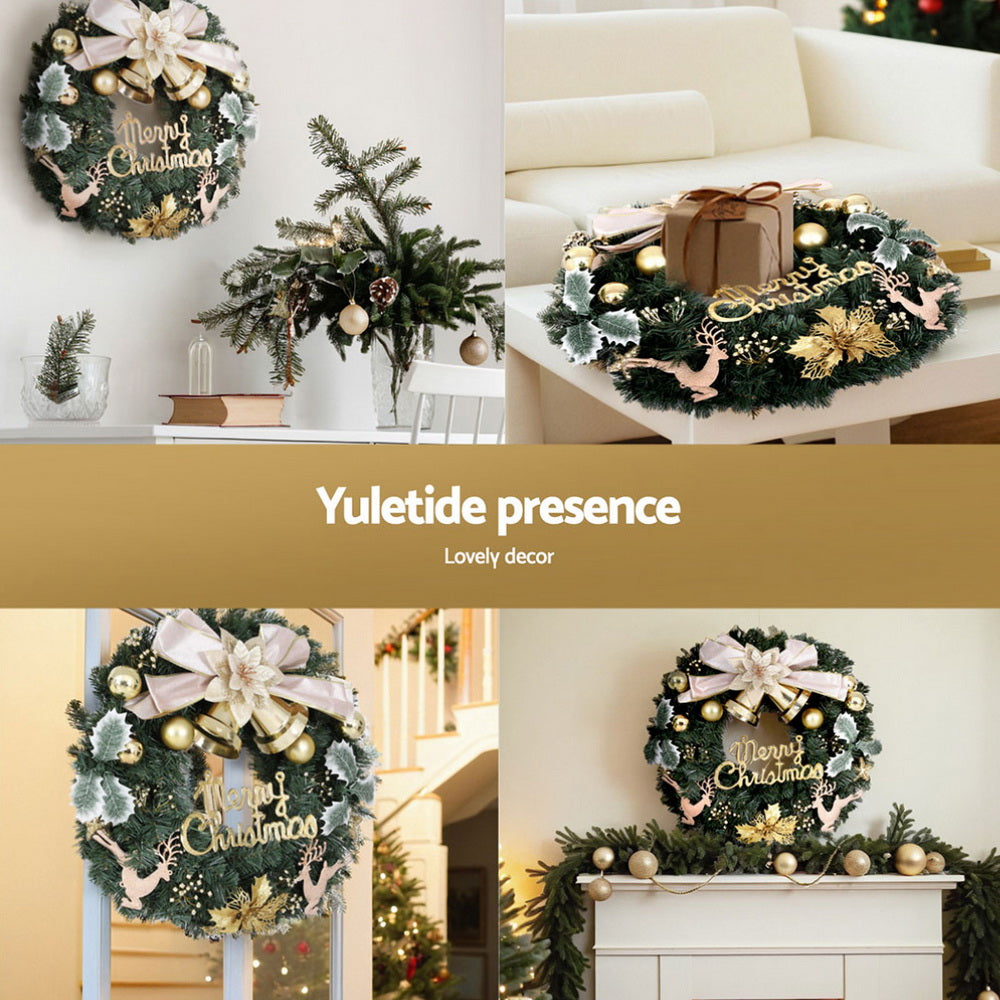 60cm Green Christmas Wreath with Gold Bowtie & Reindeer Ornament – Festive Holiday Decoration