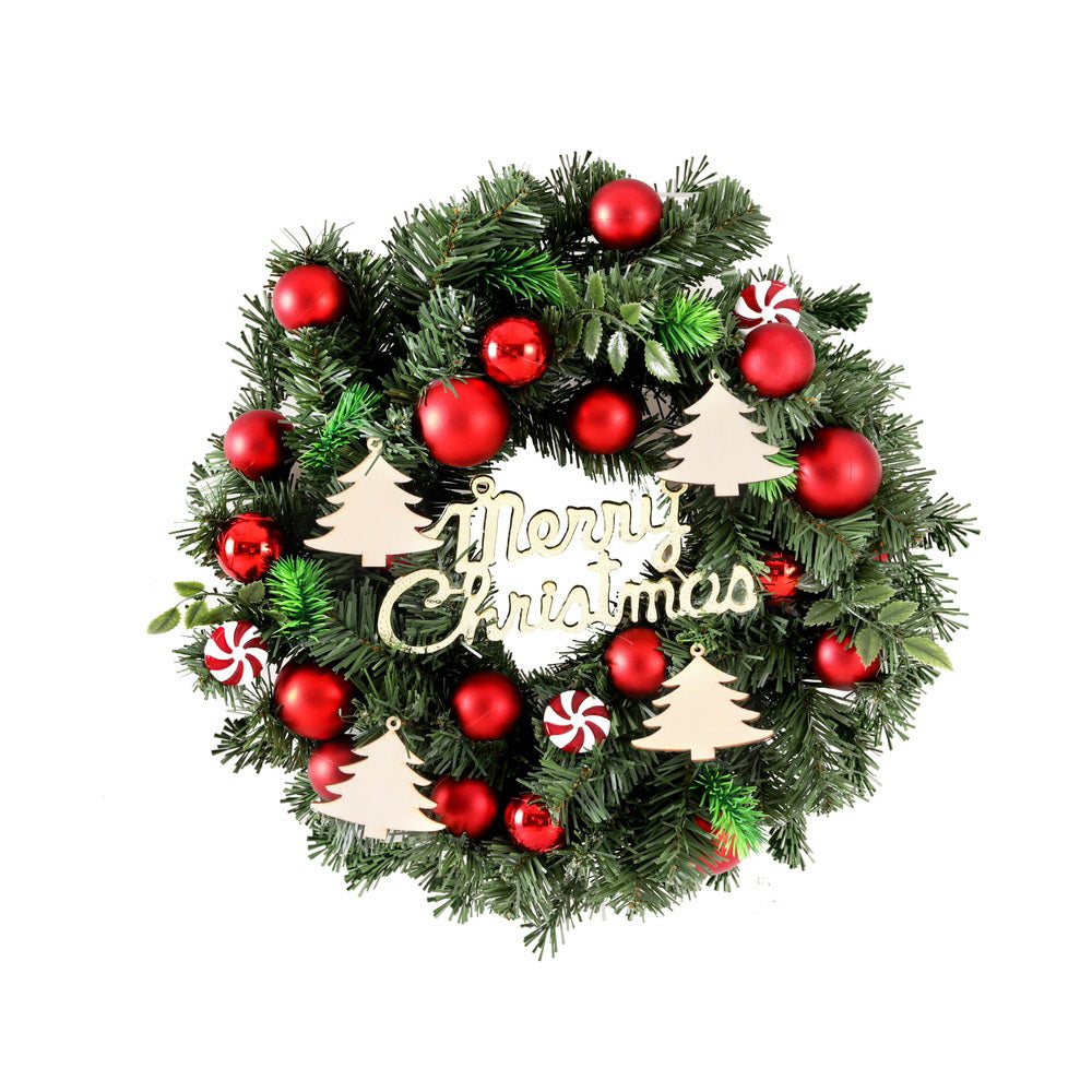 40cm Hanging Christmas Wreath with Candy Baubles & Decorative Plaque – Festive Holiday Decoration