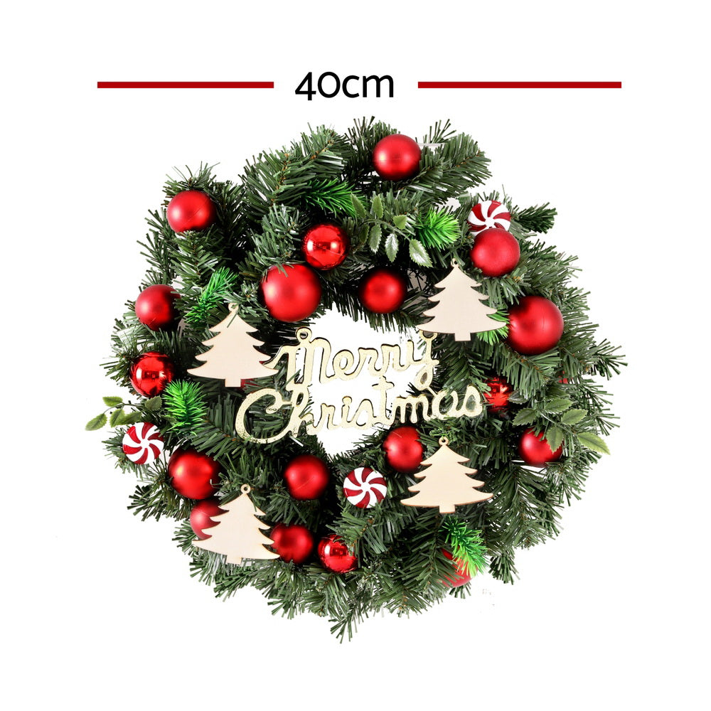 40cm Hanging Christmas Wreath with Candy Baubles & Decorative Plaque – Festive Holiday Decoration