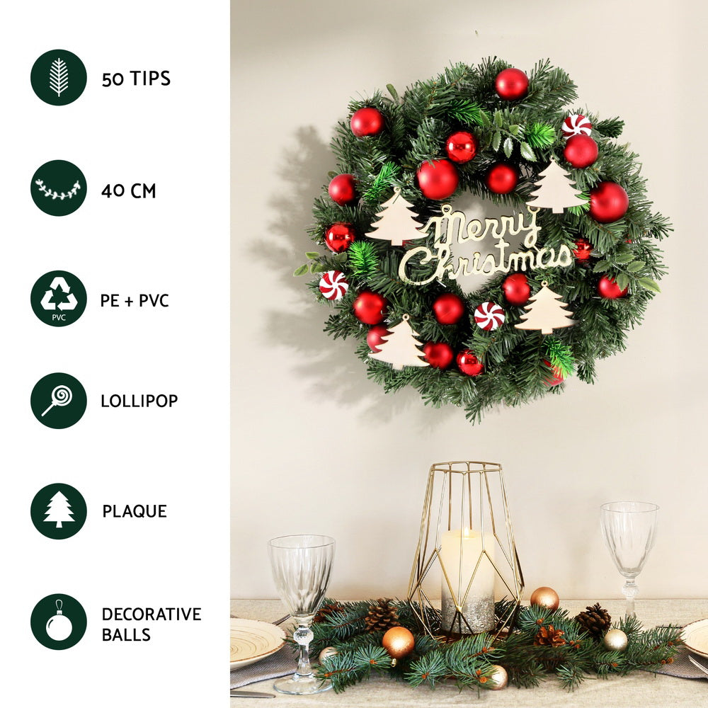 40cm Hanging Christmas Wreath with Candy Baubles & Decorative Plaque – Festive Holiday Decoration