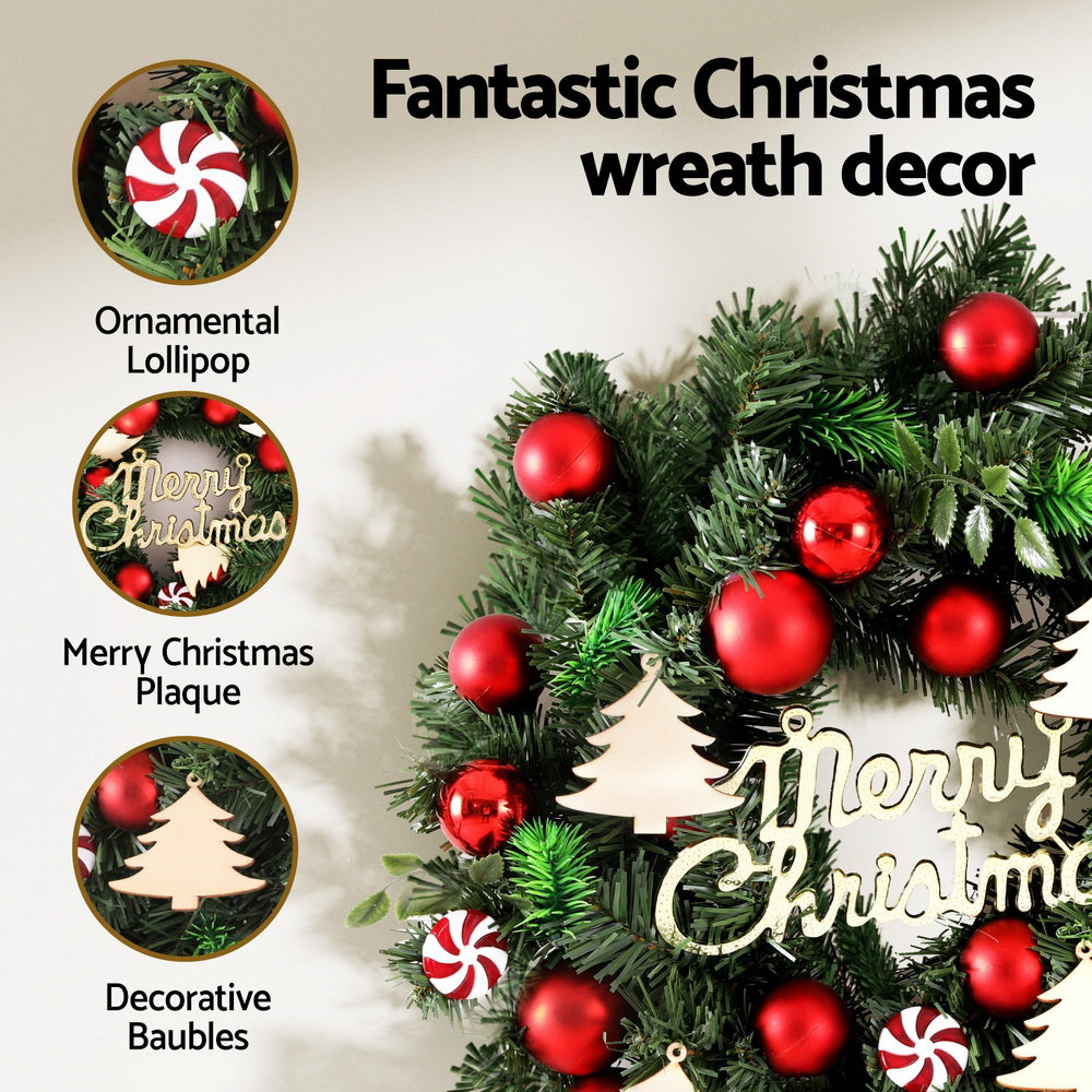 40cm Hanging Christmas Wreath with Candy Baubles & Decorative Plaque – Festive Holiday Decoration