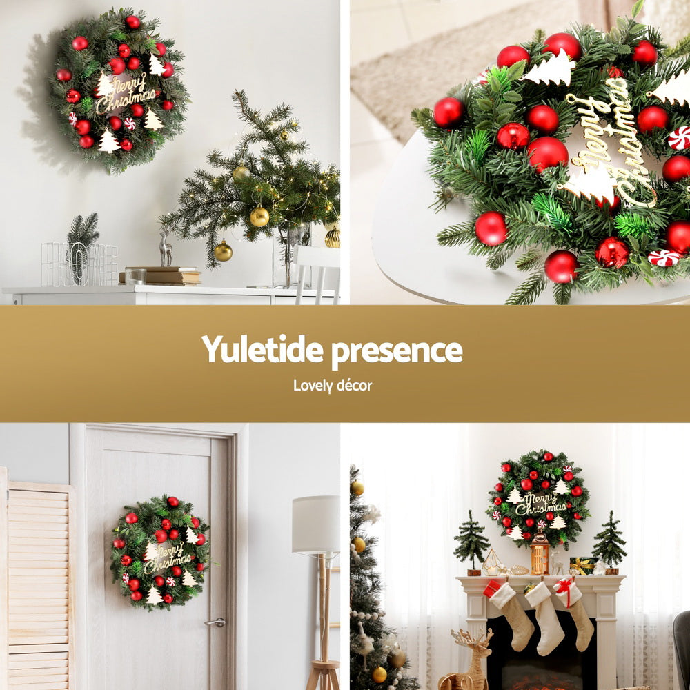 40cm Hanging Christmas Wreath with Candy Baubles & Decorative Plaque – Festive Holiday Decoration
