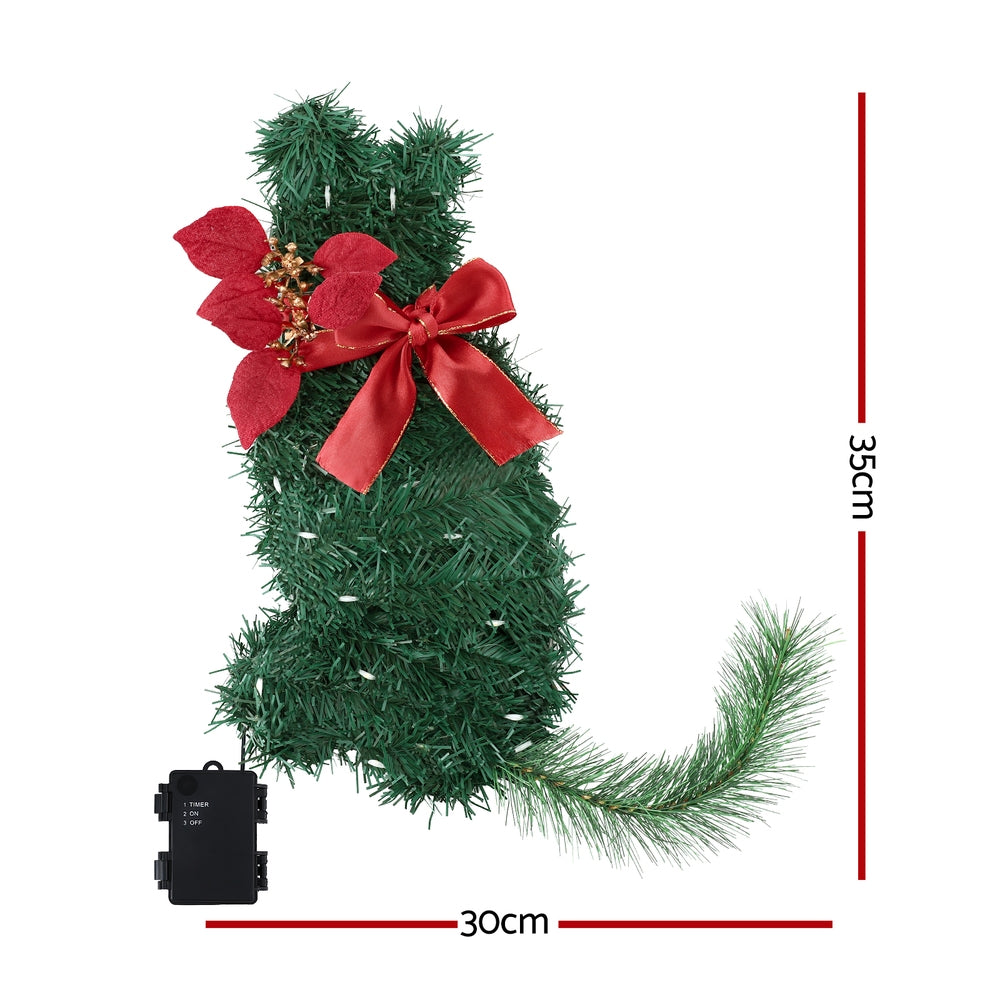 35cm Cat Christmas Wreath – Pre-Lit with 20 LED Lights