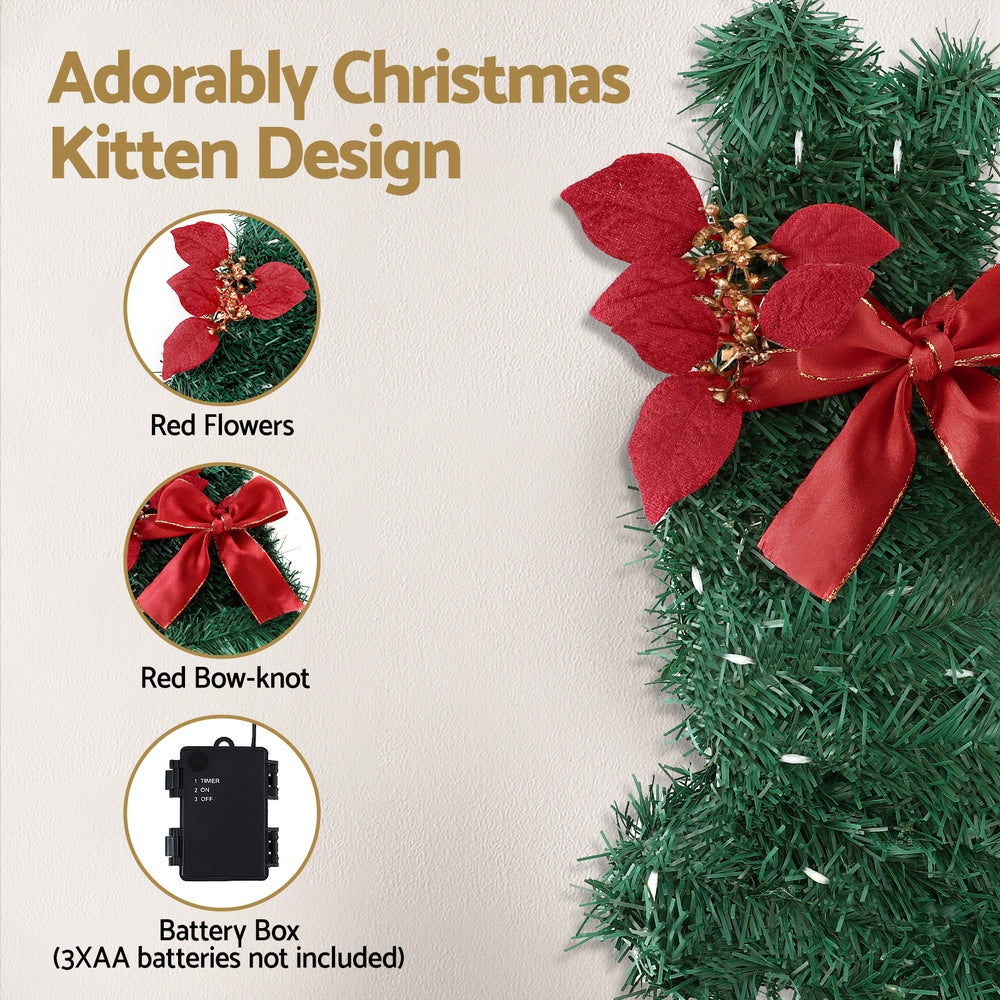 35cm Cat Christmas Wreath – Pre-Lit with 20 LED Lights