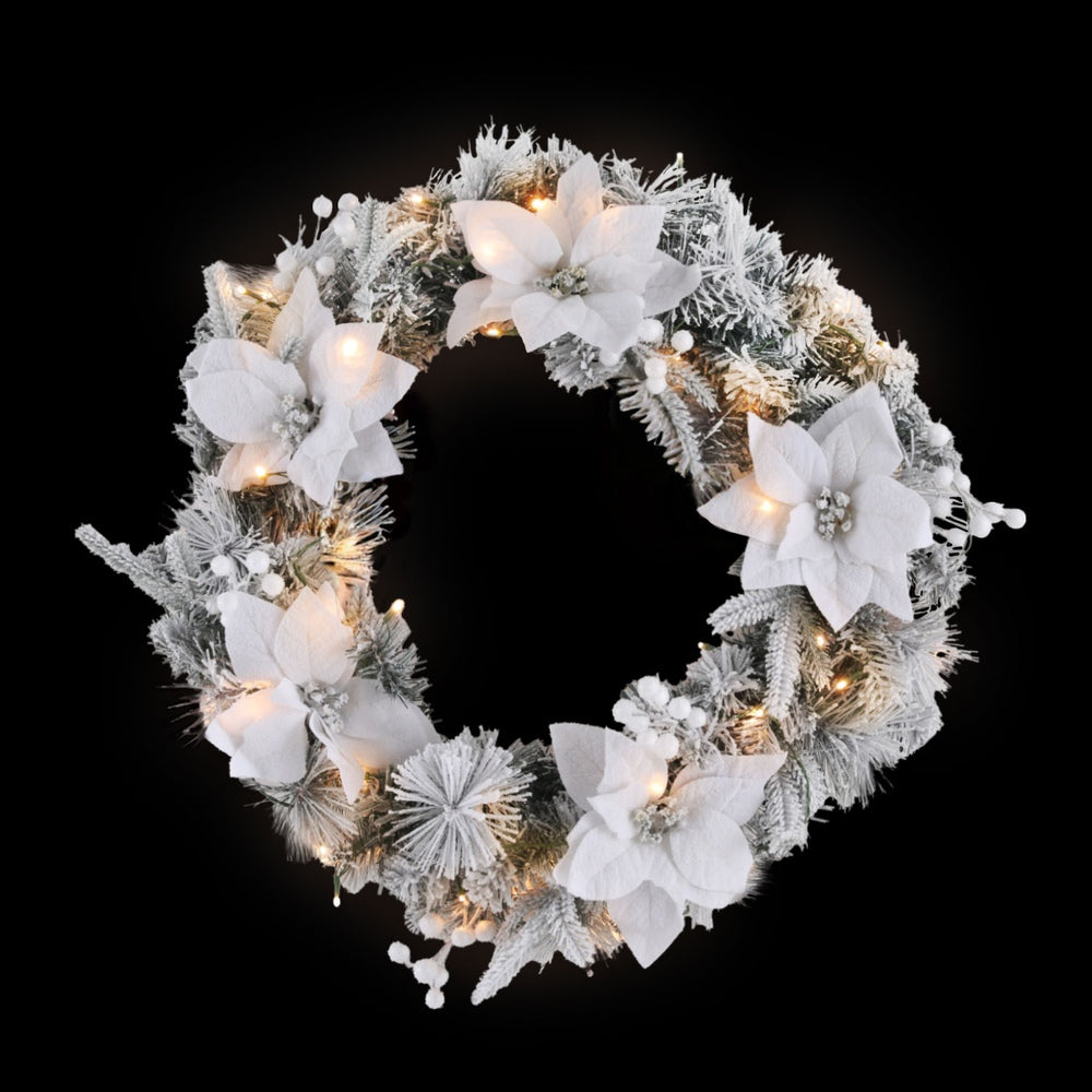 60cm Pre-lit Snow-flocked Christmas Wreath with Flowers & White Berries – Elegant Holiday Decoration