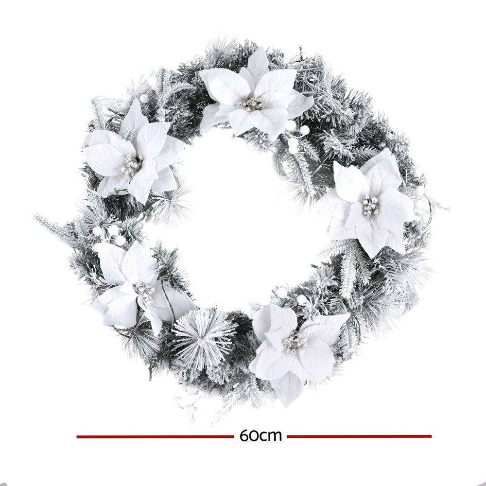 60cm Pre-lit Snow-flocked Christmas Wreath with Flowers & White Berries – Elegant Holiday Decoration