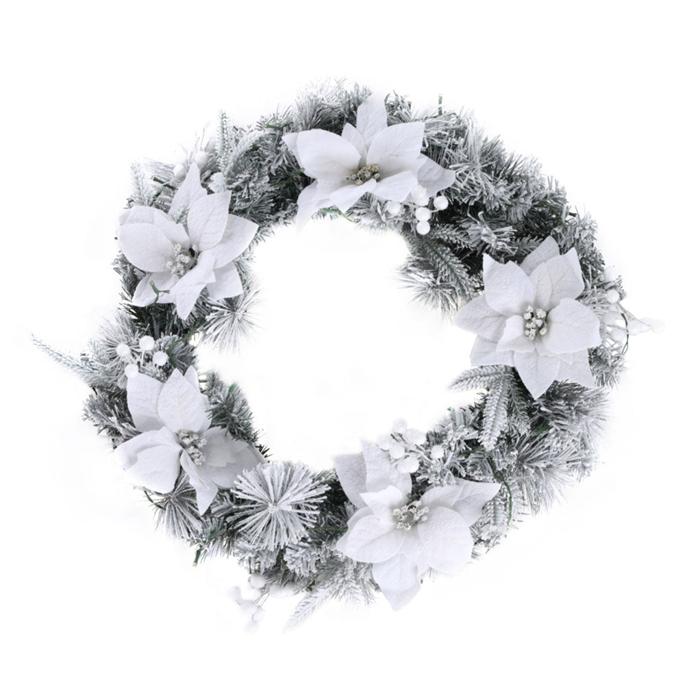 60cm Pre-lit Snow-flocked Christmas Wreath with Flowers & White Berries – Elegant Holiday Decoration