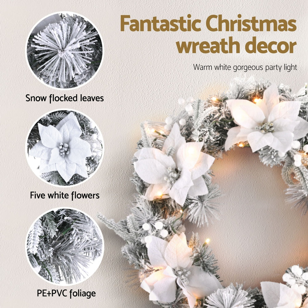 60cm Pre-lit Snow-flocked Christmas Wreath with Flowers & White Berries – Elegant Holiday Decoration