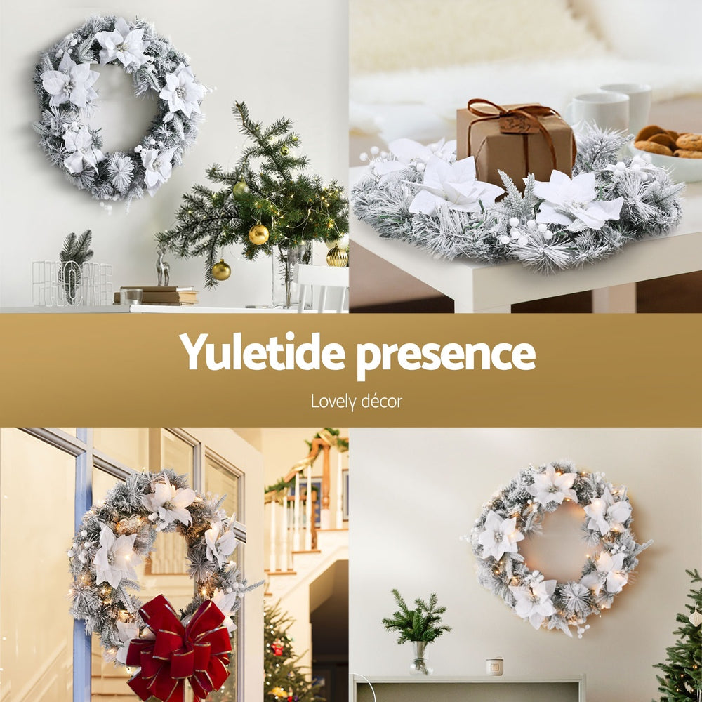 60cm Pre-lit Snow-flocked Christmas Wreath with Flowers & White Berries – Elegant Holiday Decoration