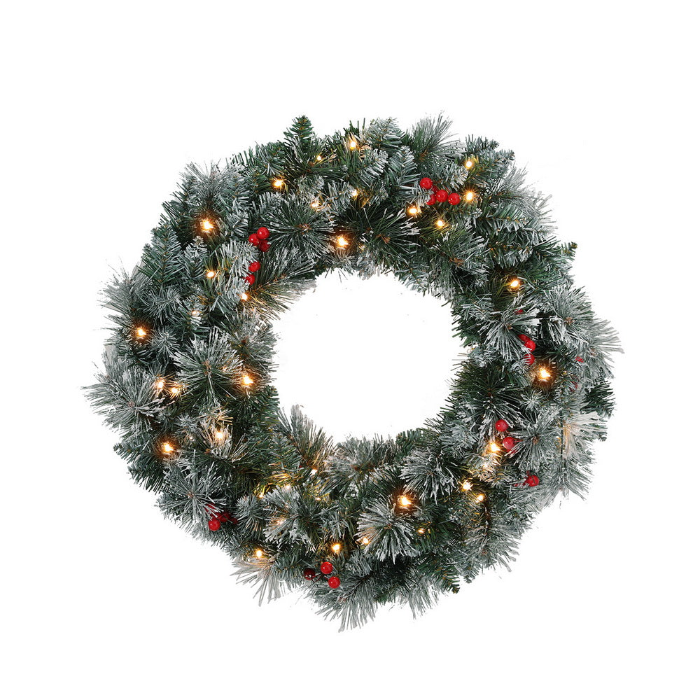 60cm Pre-lit Snow-Frosted Christmas Wreath with Red Berries & Pine Needles – Classic Holiday Decoration