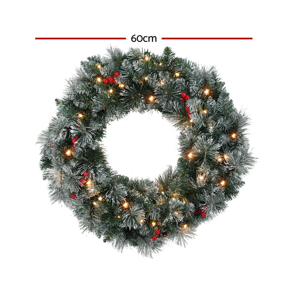 60cm Pre-lit Snow-Frosted Christmas Wreath with Red Berries & Pine Needles – Classic Holiday Decoration
