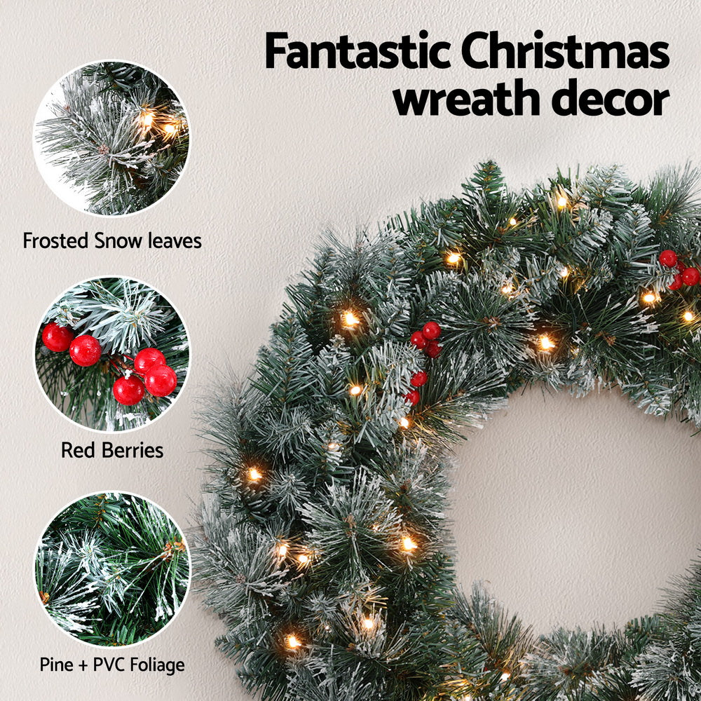 60cm Pre-lit Snow-Frosted Christmas Wreath with Red Berries & Pine Needles – Classic Holiday Decoration