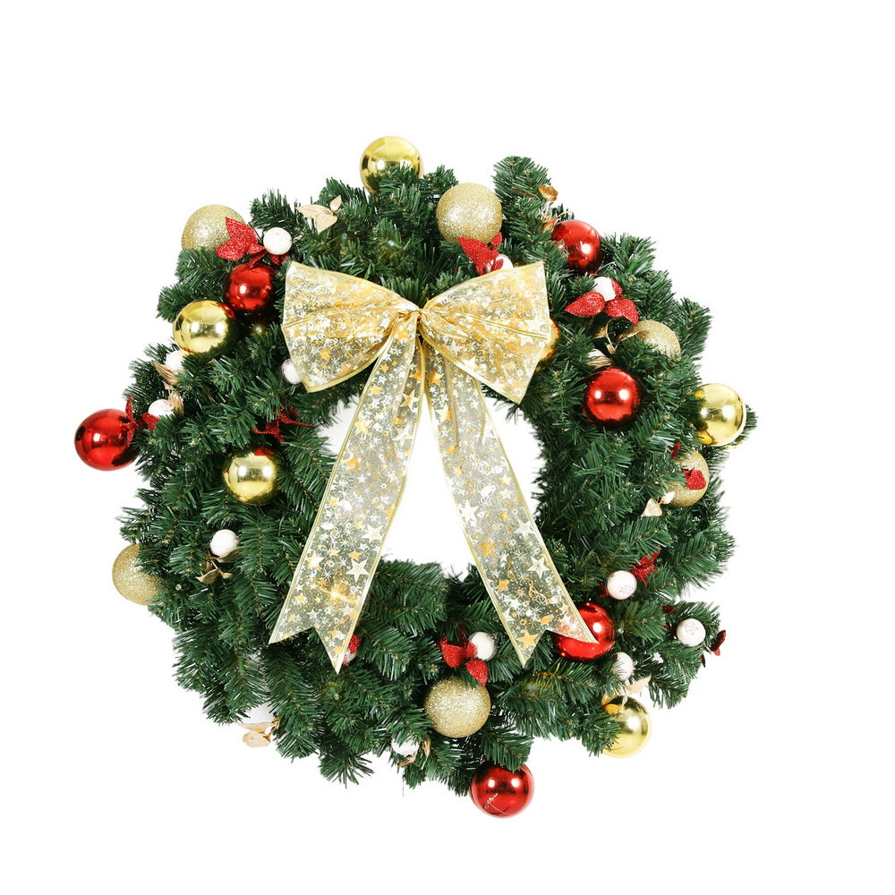60CM Pre-Lit Christmas Wreath – LED with Bow, Berries & Baubles