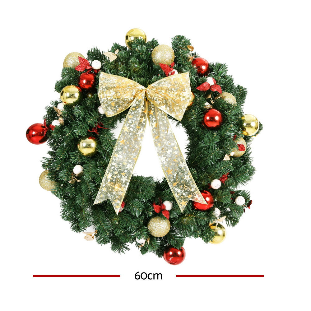 60CM Pre-Lit Christmas Wreath – LED with Bow, Berries & Baubles
